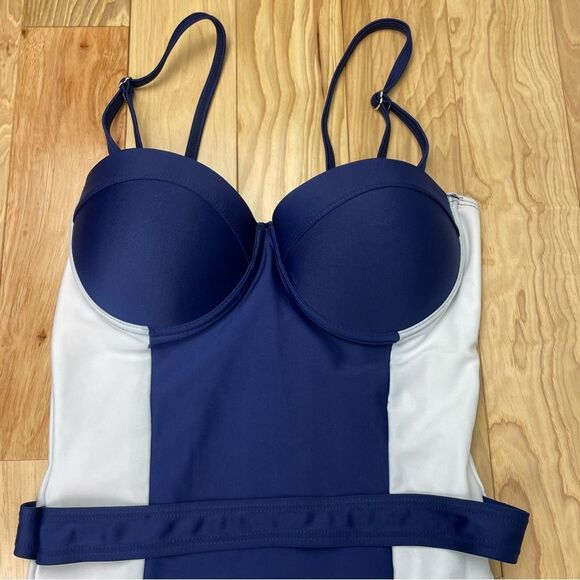 Blue & White Color Block One Piece Swimsuit Bathing Suit Molded Underwire Sz L - Picture 6 of 15